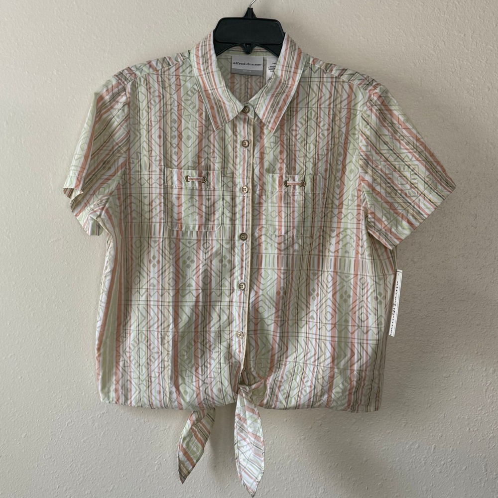 Alfred Dunner Key Largo Tie Front Shirt 14P Green Geometric Stripe NWT